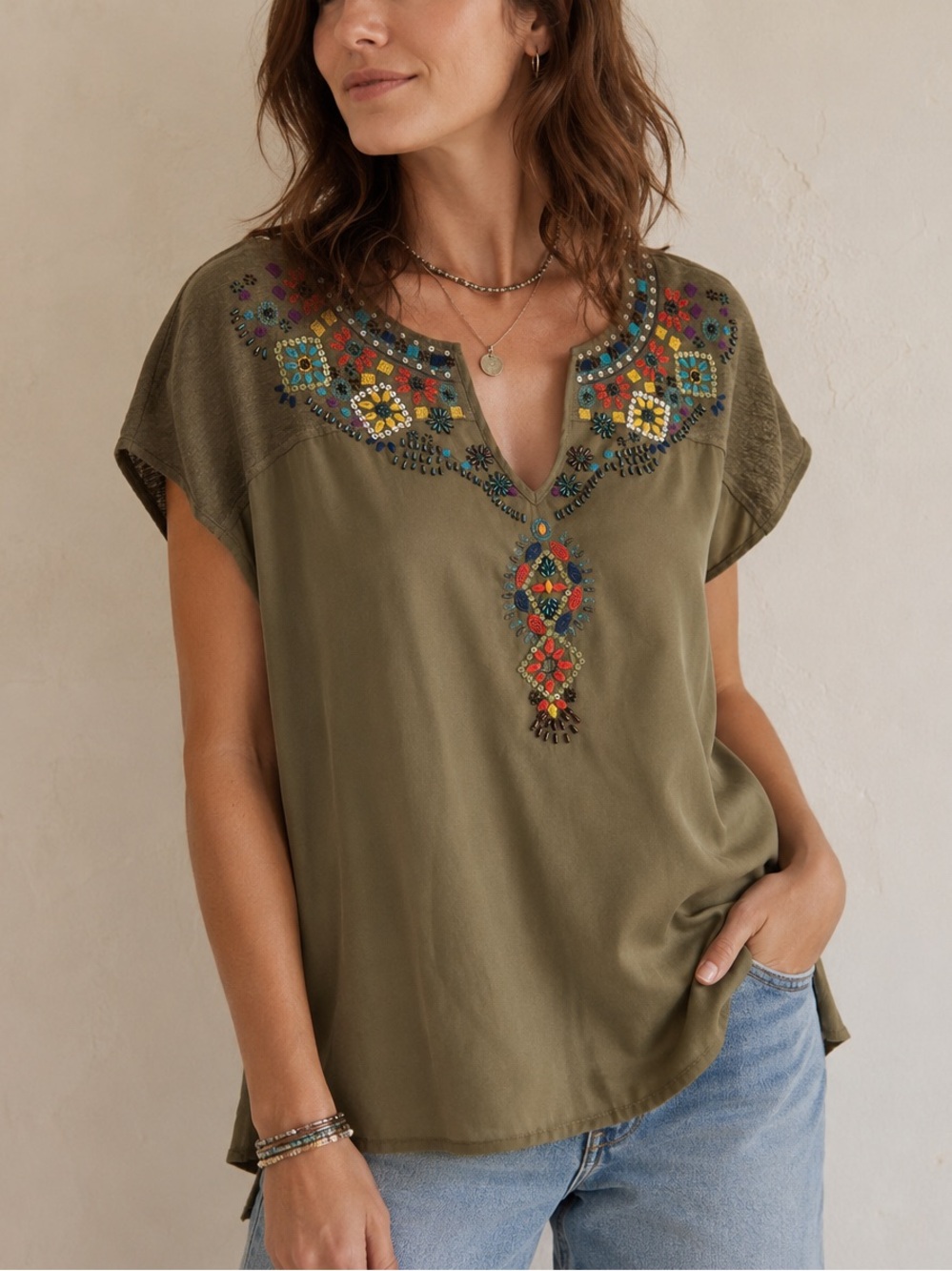 Sundance Silk Bead Embroidered Blouse Olive Green Large
